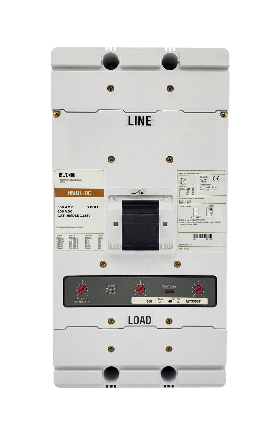 HMDLDC3350 HMDL Frame Style, Molded Case Circuit Breaker, Thermal Magnetic Interchangeable Trip Unit, 350 Ampere at 40 Degree Celsius, 3 Pole, 600VAC @ 50/60HZ, New Surplus and Certified Reconditioned with 1 Year Warranty.