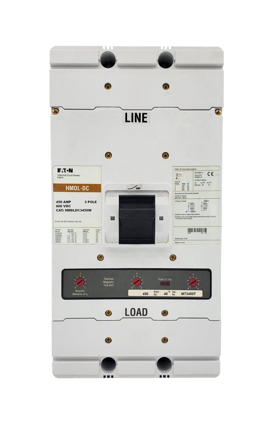 HMDLDC3450W HMDL Frame Style, Molded Case Circuit Breaker, Thermal Magnetic Interchangeable Trip Unit, 450 Ampere at 40 Degree Celsius, 3 Pole, 600VAC @ 50/60HZ. New Surplus and Certified Reconditioned with 1 Year Warranty.