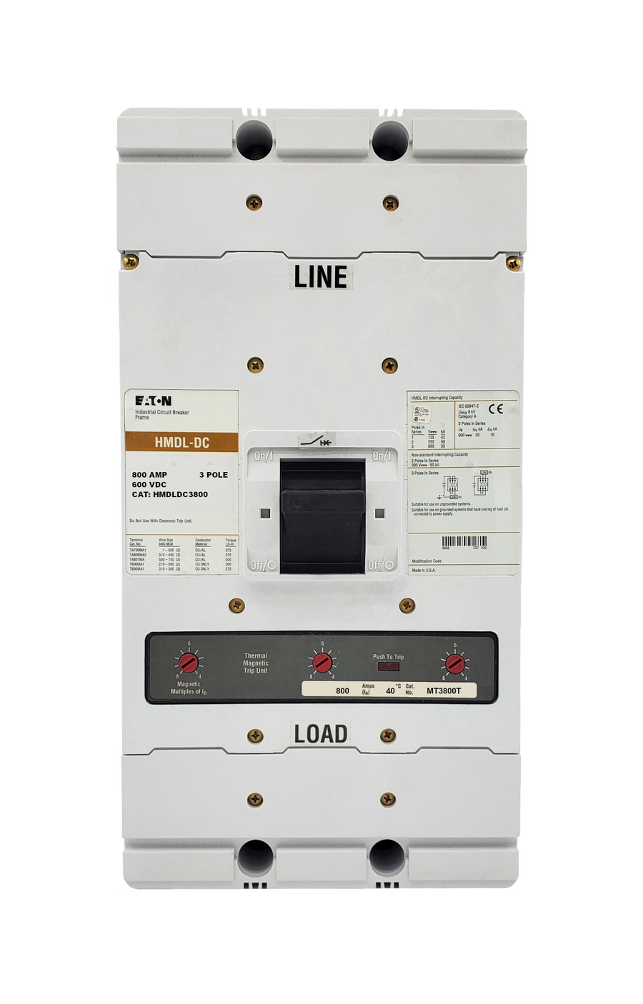 HMDLDC3800 HMDL Frame Style, Molded Case Circuit Breaker, Thermal Magnetic Interchangeable Trip Unit, 800 Ampere at 40 Degree Celsius, 3 Pole, 600VAC @ 50/60HZ, New Surplus and Certified Reconditioned with 1 Year Warranty.