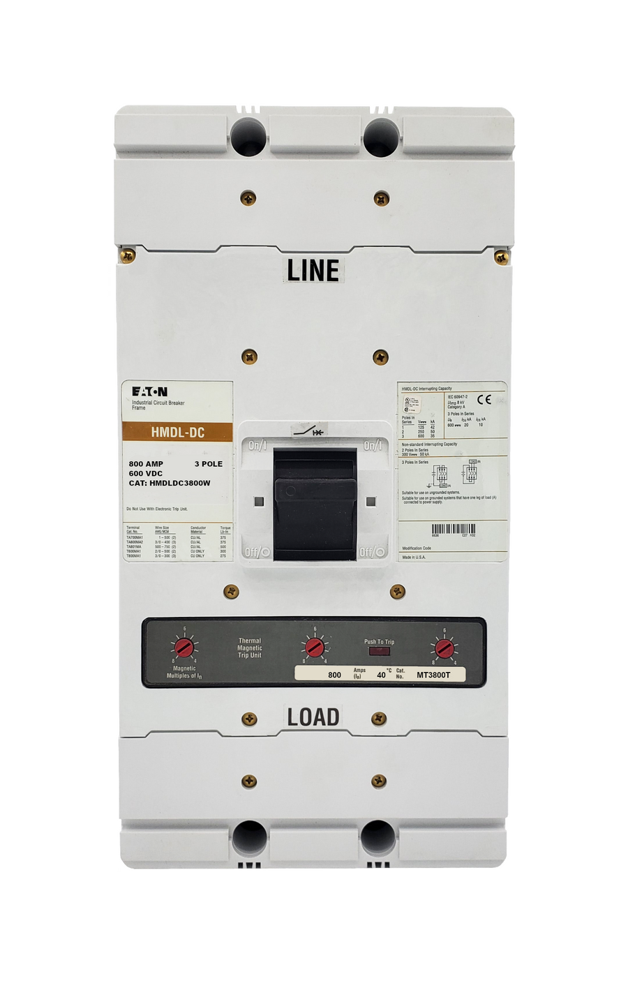 HMDLDC3800W HMDL Frame Style, Molded Case Circuit Breaker, Thermal Magnetic Interchangeable Trip Unit, 800 Ampere at 40 Degree Celsius, 3 Pole, 600VAC @ 50/60HZ. New Surplus and Certified Reconditioned with 1 Year Warranty.