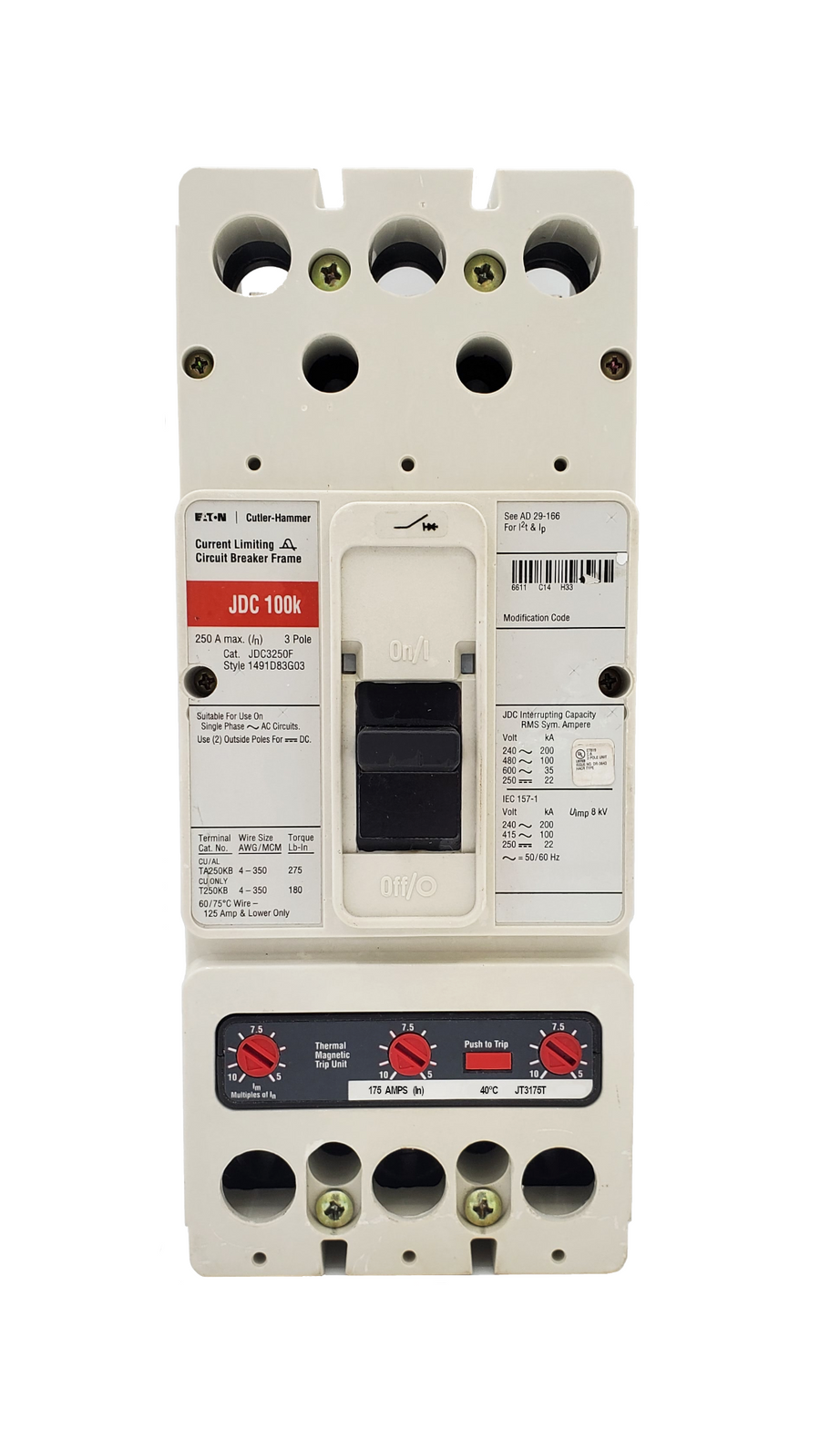JDC3175 JDC Frame Style, Molded Case Circuit Breaker, Thermal Magnetic Interchangeable Trip Unit, Ultra High Interrupting Capacity, Current Limiting, 175 Ampere at 40 Degree Celsius, 3 Pole, 600VAC @ 50/60HZ. New Surplus and Certified Reconditioned with 1 Year Warranty.
