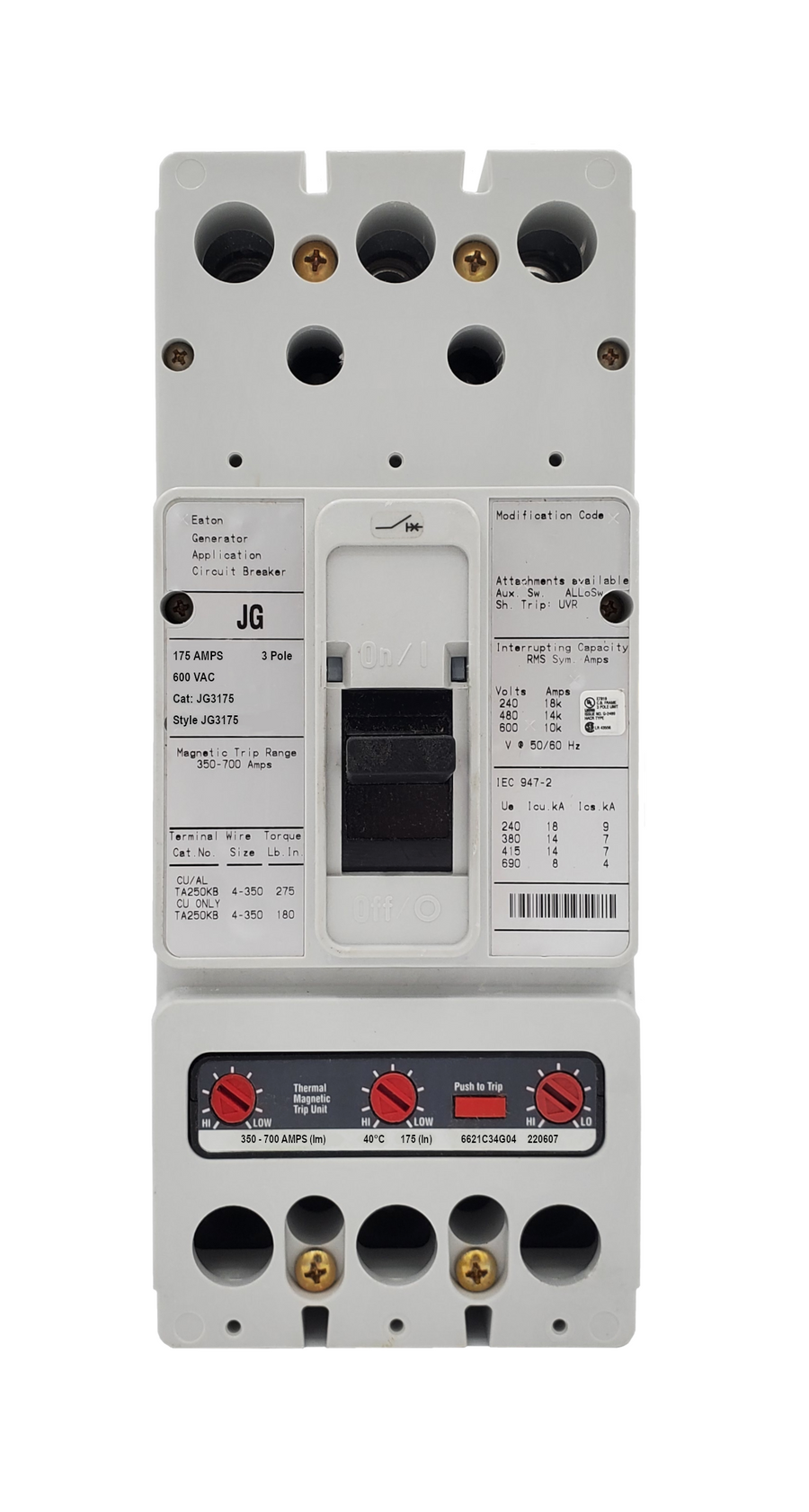 JG3175 JG Frame Style, Molded Case Generator Circuit Breaker, Thermal Magnetic Interchangeable Trip Unit, 350-700 Trip Range, 175 Ampere at 40 Degree Celsius, 3 Pole, 600VAC @ 50/60HZ, Line and Load End Terminals Standard. New Surplus and Certified Reconditioned with 1 Year Warranty.
