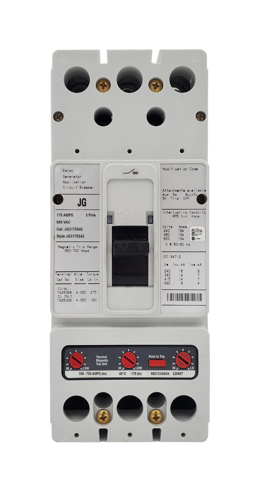 JG3175S42 JG Frame Style, Molded Case Generator Circuit Breaker, Thermal Magnetic Interchangeable Trip Unit, 350-700 Trip Range, 175 Ampere at 40 Degree Celsius, 3 Pole, 600VAC @ 50/60HZ, Line and Load End Terminals Standard. New Surplus and Certified Reconditioned with 1 Year Warranty.