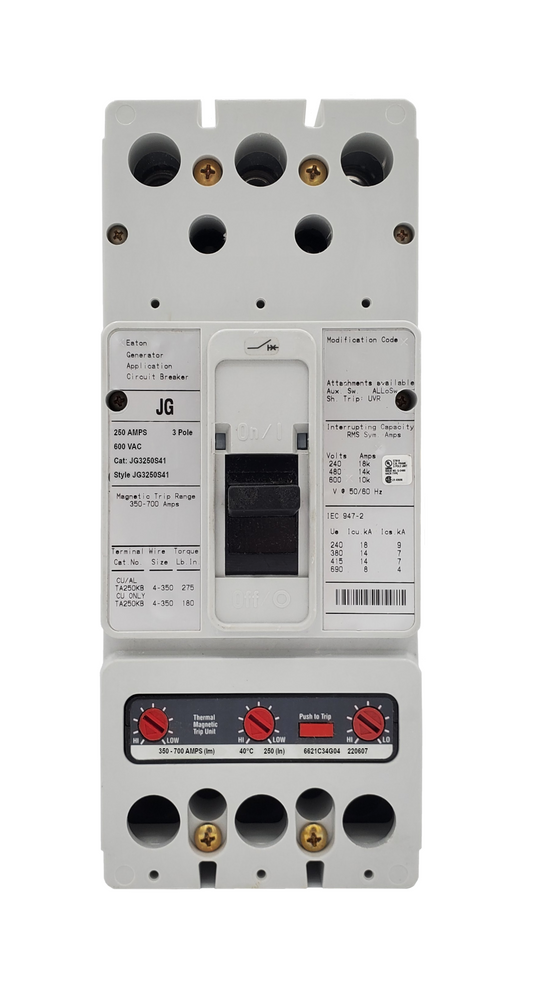 JG3250S41 JG Frame Style, Molded Case Generator Circuit Breaker, Thermal Magnetic Interchangeable Trip Unit, 350-700 Trip Range, 250 Ampere at 40 Degree Celsius, 3 Pole, 600VAC @ 50/60HZ, Line and Load End Terminals Standard. New Surplus and Certified Reconditioned with 1 Year Warranty.