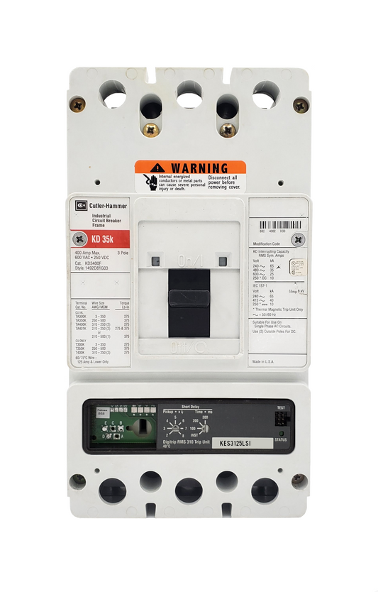 KD3400F w/ KES3125LSI (RMS 310) KD Frame Style, Molded Case Circuit Breaker, Electronic Digitrip RMS 310, 125 Ampere Max at 40 Degree Celsius, Amperage Determined By Rating Plug, 3 Pole, 600VAC @ 50/60HZ, Rating Plug Not Included, Without Terminals Standard. New Surplus and Certified Reconditioned with 1 Year Warranty.