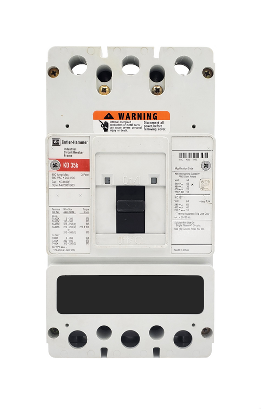 KD3400F (Frame Only) KD Frame Style, Molded Case Circuit Breaker Frame, Frame Only (No Trip Unit Included), 3 Pole, 600VAC @ 50/60HZ, Interrupting Ratings: 65 Kiloampere @ 240VAC, 35 Kiloampere @ 480VAC, 25 Kiloampere @ 600VAC, 10 Kiloampere @ 250VDC. New Surplus and Certified Reconditioned with 1 Year Warranty.