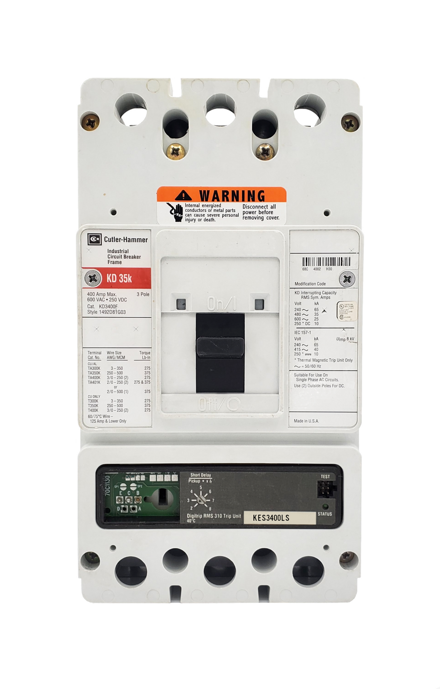 KD3400F w/ KES3400LS (RMS 310) KD Frame Style, Molded Case Circuit Breaker, Electronic Digitrip RMS 310, 400 Ampere Max at 40 Degree Celsius, Amperage Determined By Rating Plug, 3 Pole, 600VAC @ 50/60HZ, Rating Plug Not Included, Without Terminals Standard. New Surplus and Certified Reconditioned with 1 Year Warranty.