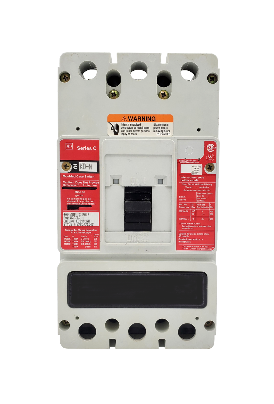 KD3400NW KD Frame Style, High Magnetic Molded Case Switch, 400 Ampere at 40 Degree Celsius, 3 Pole, 600VAC @ 50/60HZ. New Surplus and Certified Reconditioned with 1 Year Warranty.