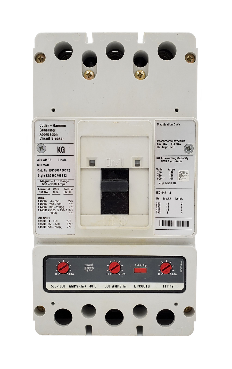 KG3300A06S42 KG Frame Style, Molded Case Generator Circuit Breaker, Thermal Magnetic Interchangeable Trip Unit, 500-1000 Trip Range, 300 Ampere at 40 Degree Celsius, 3 Pole, 600VAC @ 50/60HZ, Line and Load End Terminals Standard. New Surplus and Certified Reconditioned with 1 Year Warranty.