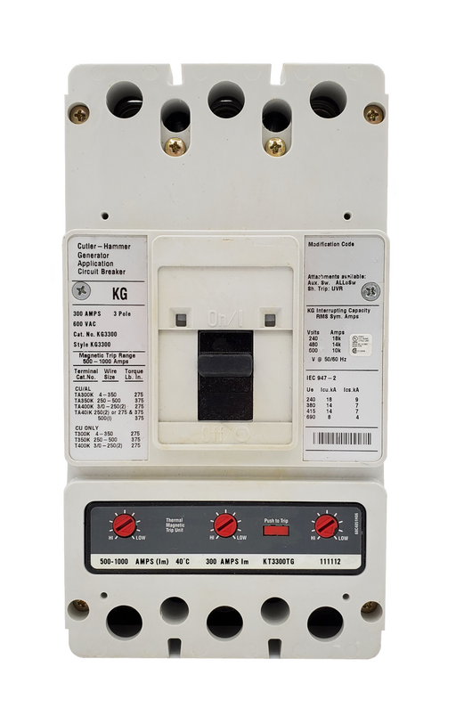 KG3300 KG Frame Style, Molded Case Generator Circuit Breaker, Thermal Magnetic Interchangeable Trip Unit, 500-1000 Trip Range, 300 Ampere at 40 Degree Celsius, 3 Pole, 600VAC @ 50/60HZ, Line and Load End Terminals Standard. New Surplus and Certified Reconditioned with 1 Year Warranty.