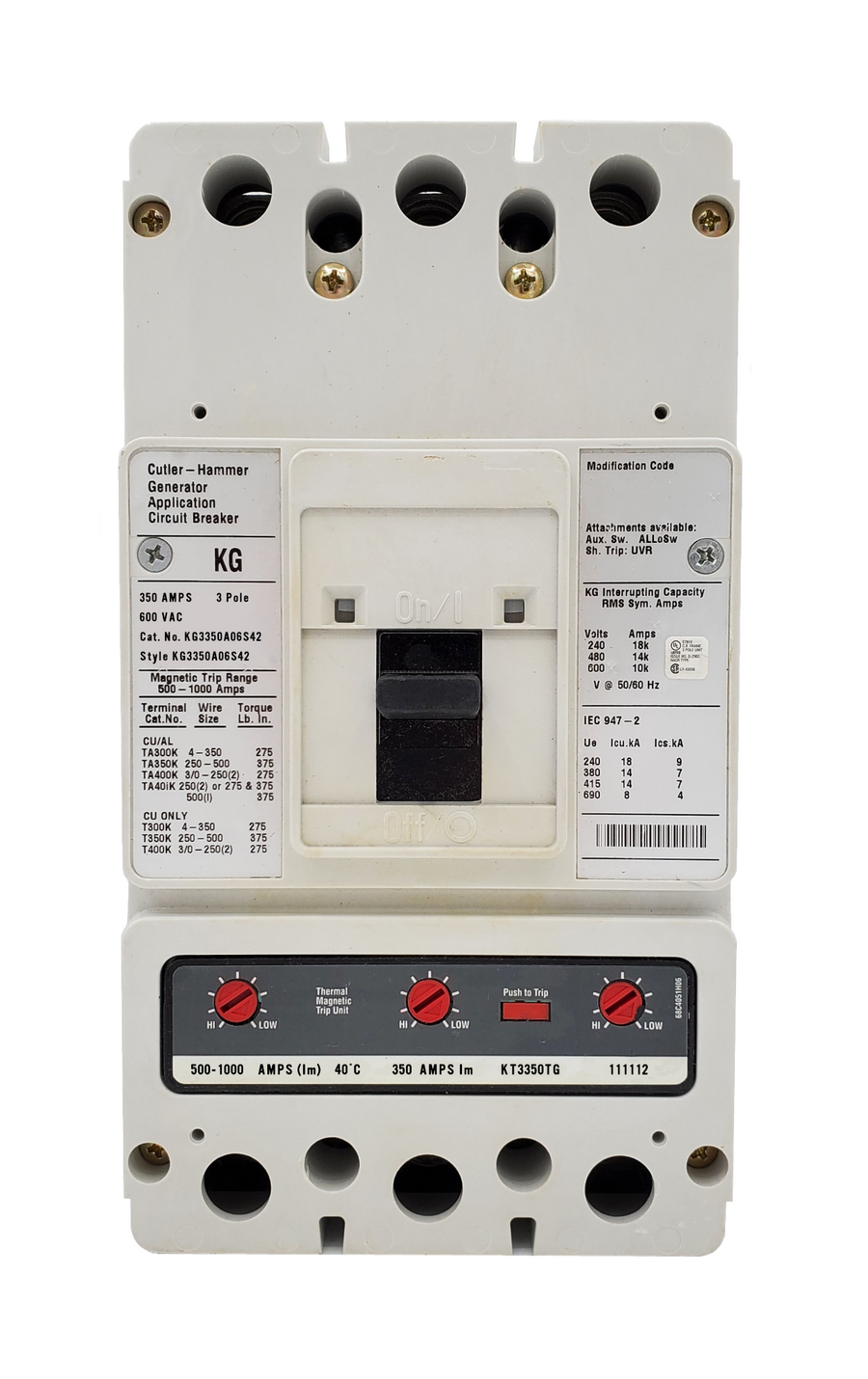 KG3350A06S42 KG Frame Style, Molded Case Generator Circuit Breaker, Thermal Magnetic Interchangeable Trip Unit, 500-1000 Trip Range, 350 Ampere at 40 Degree Celsius, 3 Pole, 600VAC @ 50/60HZ, Line and Load End Terminals Standard. New Surplus and Certified Reconditioned with 1 Year Warranty.