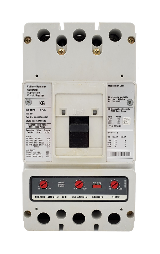 KG3350A06S43 KG Frame Style, Molded Case Generator Circuit Breaker, Thermal Magnetic Interchangeable Trip Unit, 500-1000 Trip Range, 350 Ampere at 40 Degree Celsius, 3 Pole, 600VAC @ 50/60HZ, Line and Load End Terminals Standard. New Surplus and Certified Reconditioned with 1 Year Warranty.