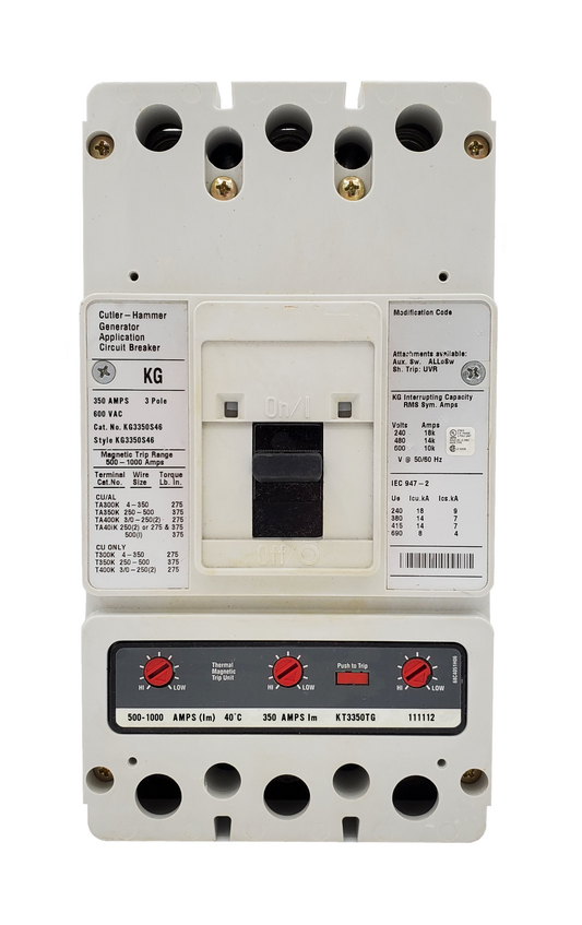 KG3350S46 KG Frame Style, Molded Case Generator Circuit Breaker, Thermal Magnetic Interchangeable Trip Unit, 500-1000 Trip Range, 350 Ampere at 40 Degree Celsius, 3 Pole, 600VAC @ 50/60HZ, Line and Load End Terminals Standard. New Surplus and Certified Reconditioned with 1 Year Warranty.