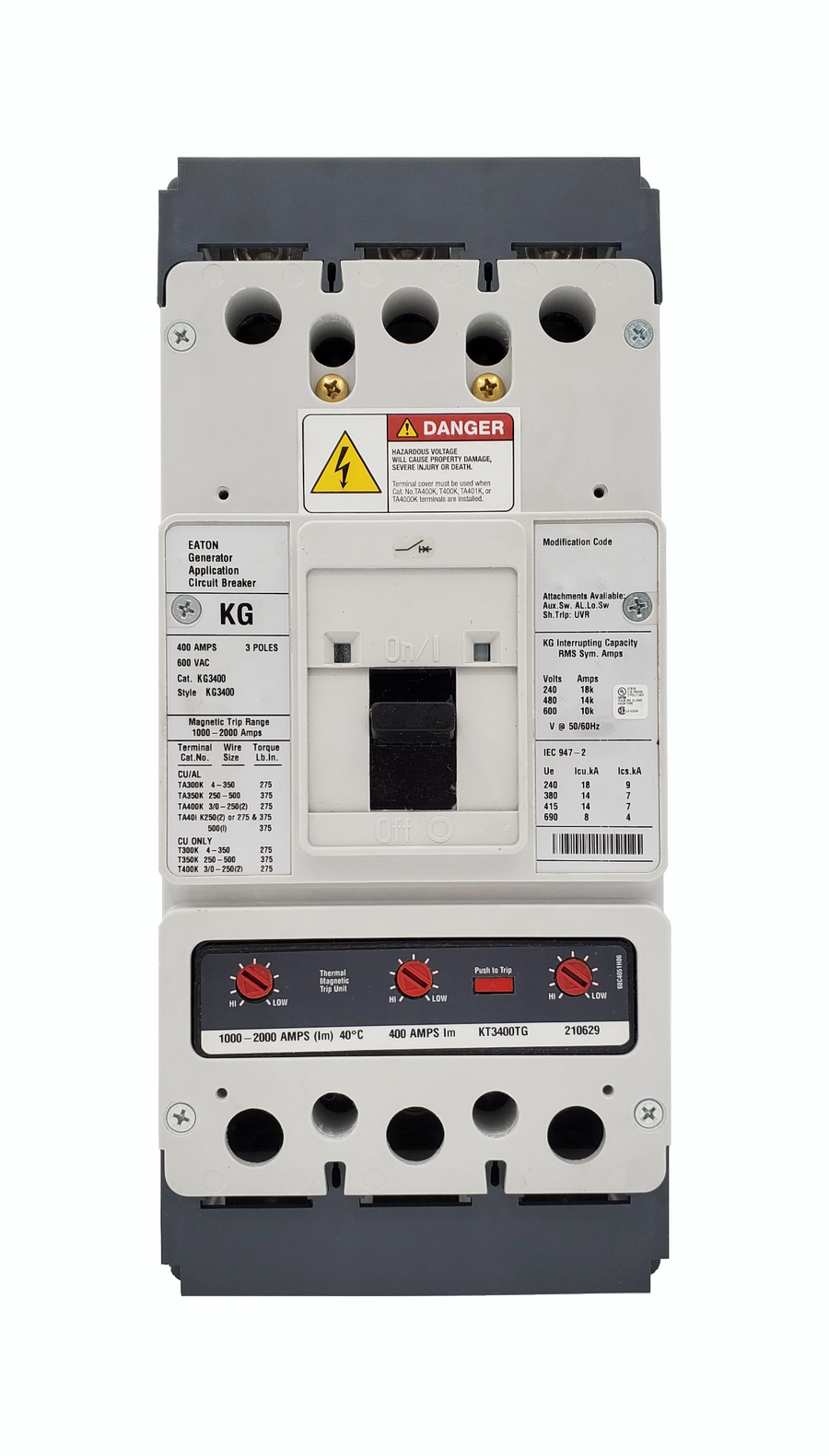 KG3400 KG Frame Style, Molded Case Generator Circuit Breaker, Thermal Magnetic Interchangeable Trip Unit, 1000-2000 Trip Range, 400 Ampere at 40 Degree Celsius, 3 Pole, 600VAC @ 50/60HZ, Line and Load End Terminals Standard. New Surplus and Certified Reconditioned with 1 Year Warranty.