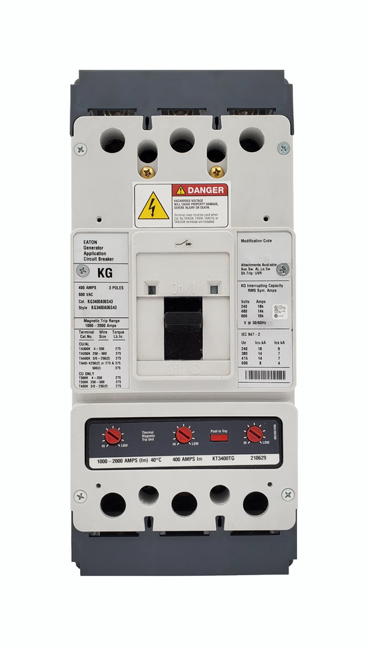 KG3400A06S43 KG Frame Style, Molded Case Generator Circuit Breaker, Thermal Magnetic Interchangeable Trip Unit, 1000-2000 Trip Range, 400 Ampere at 40 Degree Celsius, 3 Pole, 600VAC @ 50/60HZ. New Surplus and Certified Reconditioned with 1 Year Warranty.