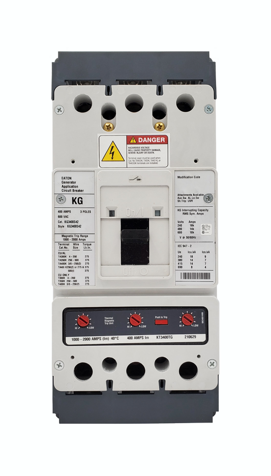 KG3400S42 KG Frame Style, Molded Case Generator Circuit Breaker, Thermal Magnetic Interchangeable Trip Unit, 1000-2000 Trip Range, 400 Ampere at 40 Degree Celsius, 3 Pole, 600VAC @ 50/60HZ. New Surplus and Certified Reconditioned with 1 Year Warranty.