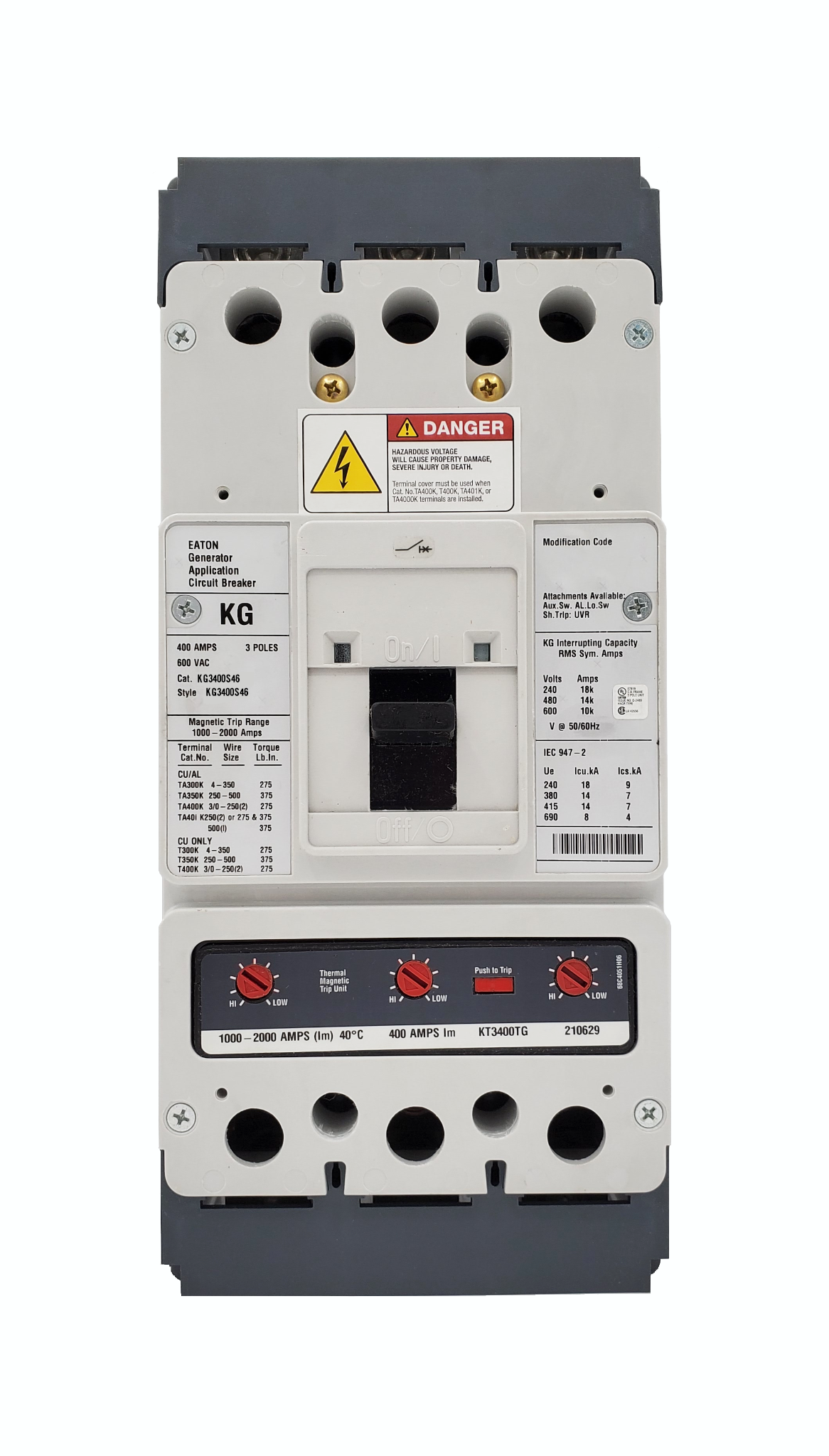 KG3400S46 KG Frame Style, Molded Case Generator Circuit Breaker, Thermal Magnetic Interchangeable Trip Unit, 1000-2000 Trip Range, 400 Ampere at 40 Degree Celsius, 3 Pole, 600VAC @ 50/60HZ, Right Pole Mounted Shunt Trip 12-24V AC/DC. New Surplus and Certified Reconditioned with 1 Year Warranty.
