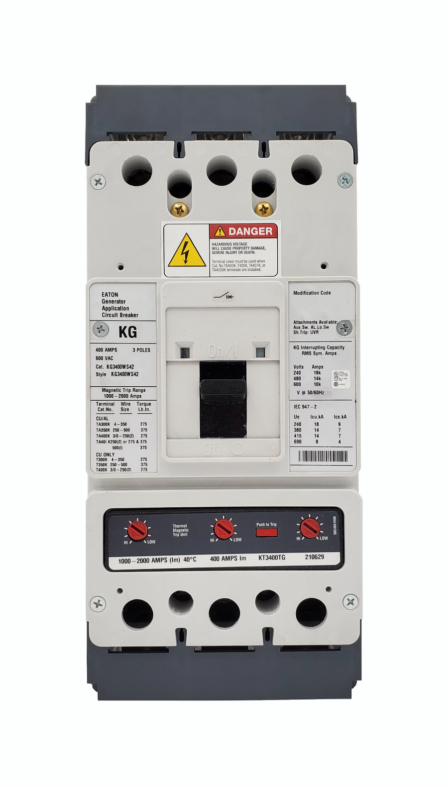 KG3400WS42 KG Frame Style, Molded Case Generator Circuit Breaker, Thermal Magnetic Interchangeable Trip Unit, 1000-2000 Trip Range, 400 Ampere at 40 Degree Celsius, 3 Pole, 600VAC @ 50/60HZ, Left Pole Mounted Shunt Trip 12-24V AC/DC. New Surplus and Certified Reconditioned with 1 Year Warranty.