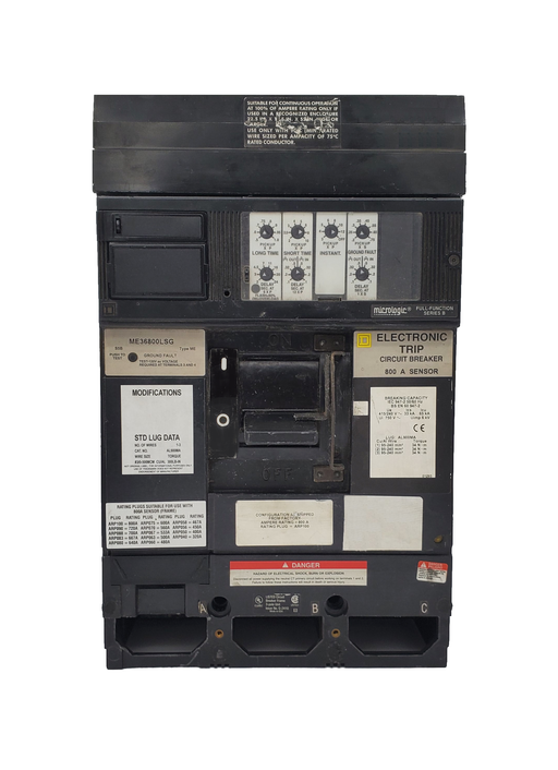 ME36800LSG ME Frame Style, Molded Case Circuit Breaker, Electronic Trip Unit, I-Line Plug In Style, 100% Rated, 800 Ampere at 40 Degree Celsius, 3 Pole, High Interrupting Capacity, Interrupting Rating: 65 Kiloampere @ 480 VAC, Load End Terminals Standard. With 1 Year Warranty.