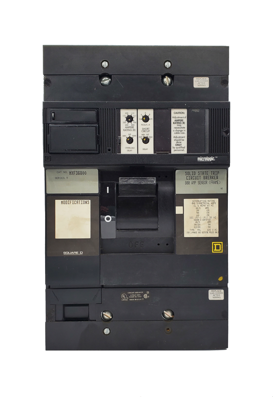 MXF36800 MXF Frame Style, Molded Case Circuit Breaker, Micrologic Solid State Trip Unit, Bolt On, 800 Ampere at 40 Degree Celsius, 3 Pole, High Interrupting Capacity, Interrupting Rating: 65 Kiloampere @ 480 VAC, With Terminals. With 1 Year Warranty.