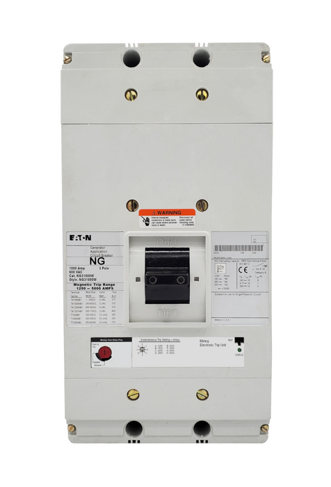 NG31000W NG Frame Style, Molded Case Generator Circuit Breaker, Electronic Interchangeable Trip Unit, 1250-5000 Trip Range, 1000 Ampere at 40 Degree Celsius, 3 Pole, 600VAC @ 50/60HZ. New Surplus and Certified Reconditioned with 1 Year Warranty.