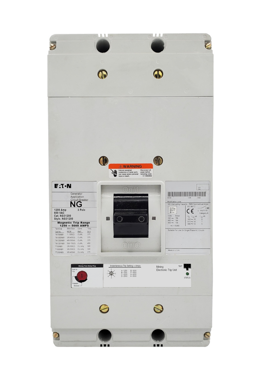 NG31200 NG Frame Style, Molded Case Generator Circuit Breaker, Electronic Interchangeable Trip Unit, 1250-5000 Trip Range, 1200 Ampere at 40 Degree Celsius, 3 Pole, 600VAC @ 50/60HZ. New Surplus and Certified Reconditioned with 1 Year Warranty.