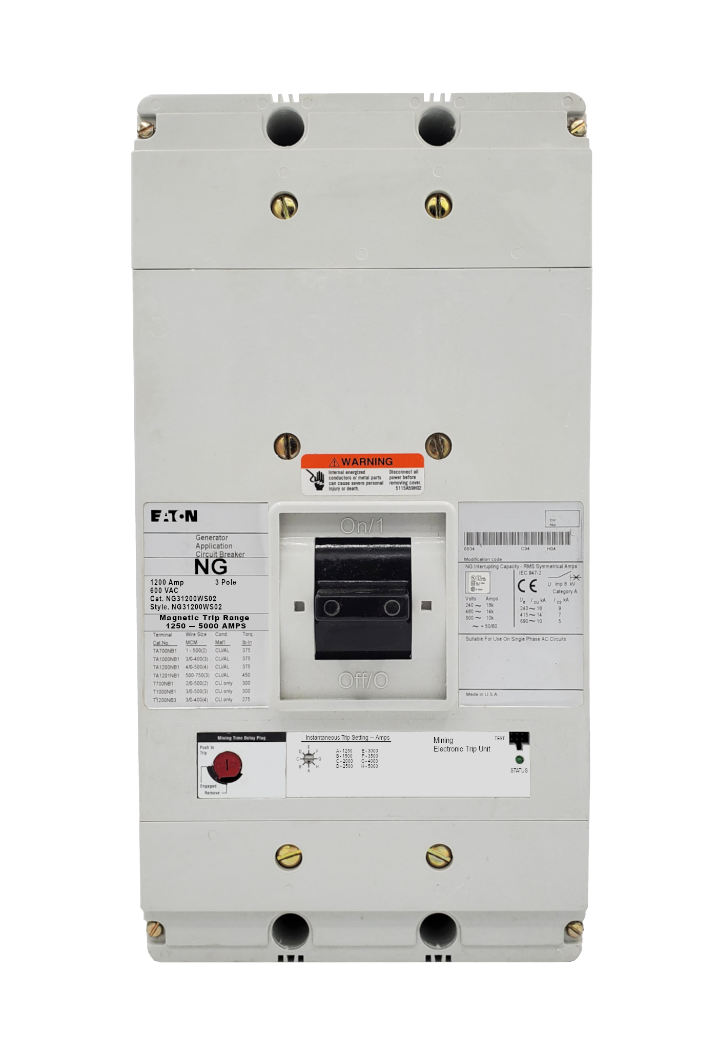 NG31200WS02 NG Frame Style, Molded Case Generator Circuit Breaker, Electronic Interchangeable Trip Unit, 1250-5000 Trip Range, 1200 Ampere at 40 Degree Celsius, 3 Pole, 600VAC @ 50/60HZ, S02 Option Includes: [9-24 VAC or VDC Shunt Trip Installed, Left Pole Mounted, Exiting Rear]. With 1 Year Warranty.