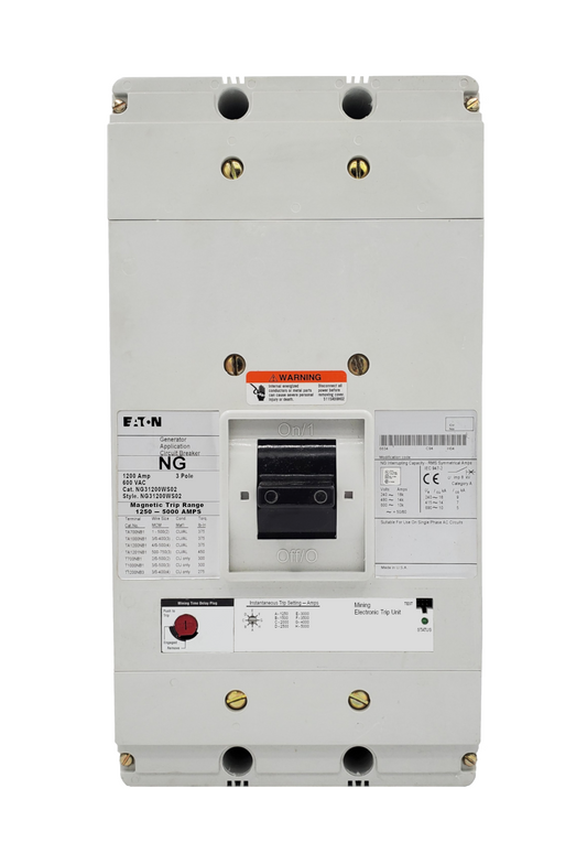 NG31200WS02 NG Frame Style, Molded Case Generator Circuit Breaker, Electronic Interchangeable Trip Unit, 1250-5000 Trip Range, 1200 Ampere at 40 Degree Celsius, 3 Pole, 600VAC @ 50/60HZ, S02 Option Includes: [9-24 VAC or VDC Shunt Trip Installed, Left Pole Mounted, Exiting Rear]. With 1 Year Warranty.