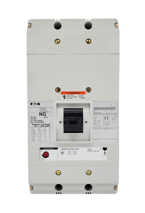 NG3700WS02 NG Frame Style, Molded Case Generator Circuit Breaker, Electronic Interchangeable Trip Unit, 500-2500 Trip Range, 700 Ampere at 40 Degree Celsius, 3 Pole, 600VAC @ 50/60HZ. New Surplus & Certified Reconditioned with 1 Year Warranty.