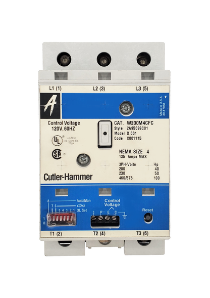 W200M4CFC Magnetic Motor Starter, Nema Size 4, 135 Amps, 3 Poles, Non-Reversing, 120VAC Coil at 60HZ, Full Voltage 600VAC, Overload Protection Standard, Open Style No Enclosure, Across the Line Starting and Stopping, Advantage Series. New Surplus and Certified Reconditioned with 1 Year Warranty.