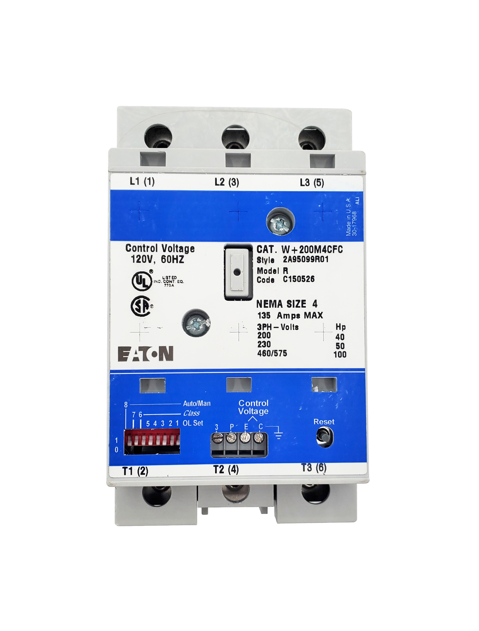 W+200M4CFC W200 Class Type, Magnetic Motor Starter, Nema Size 4, 135 Amps, 3 Poles, Non-Reversing, 120VAC Coil at 60HZ, Full Voltage 600VAC, Overload Protection Standard, Open Style No Enclosure, Across the Line Starting and Stopping, Advantage Enhanced Series. New Surplus and Certified Reconditioned with 1 Year Warranty.