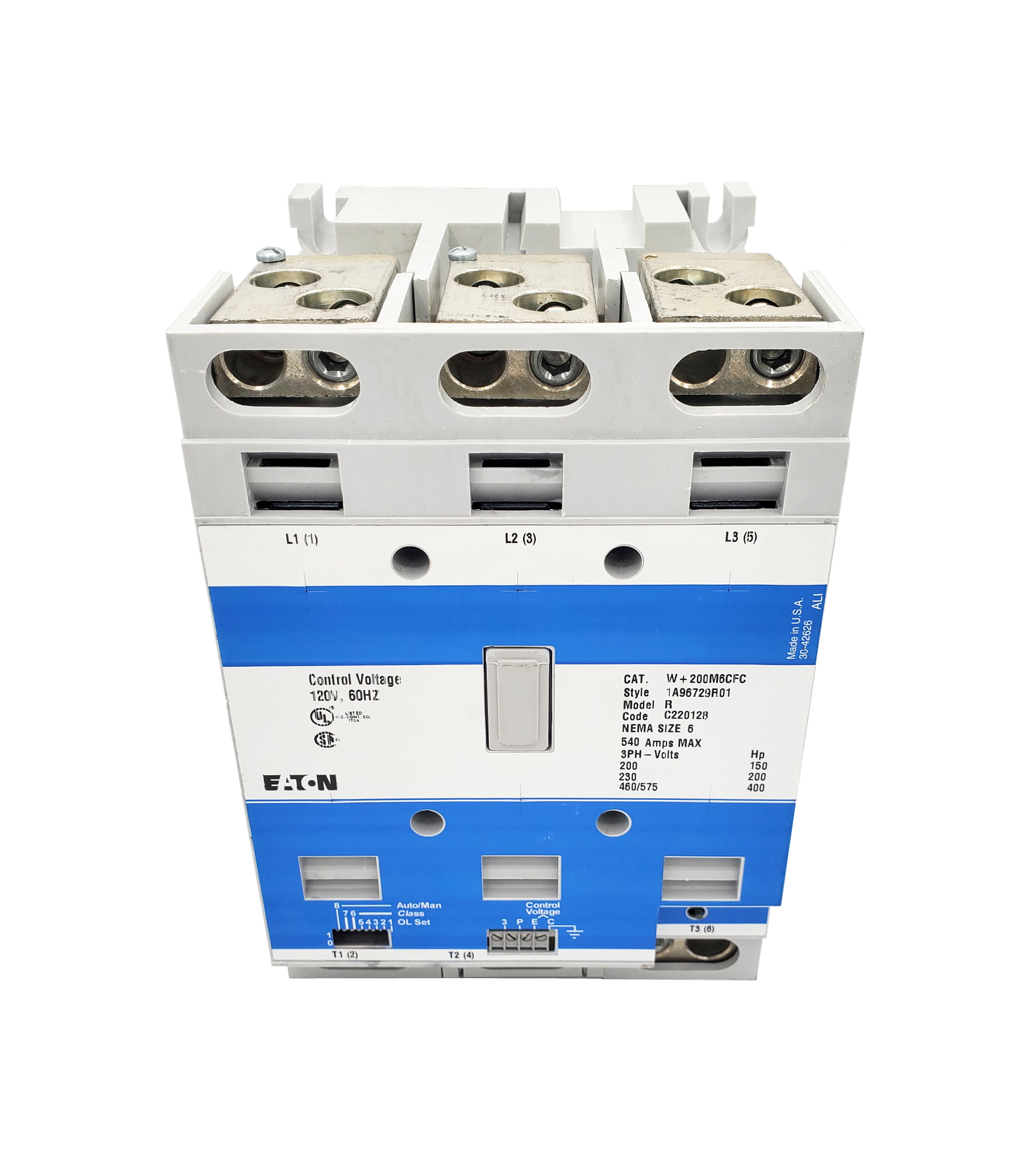 W+200M6CFC W+200 Class Type, Magnetic Motor Starter, Nema Size 6, 540 Amps, 3 Poles, Non-Reversing, 120VAC Coil at 60HZ, Full Voltage 600VAC, Overload Protection Standard, Open Style No Enclosure, Across the Line Starting and Stopping, Advantage Enhanced Series. New Surplus and Certified Reconditioned with 1 Year Warranty.