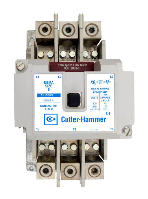 CN15SN3A Magnetic Motor Contactor, A Series, NEMA Size 5, 270 Amps, 3 Poles, 120V AC Coil, Full Voltage 600VAC, Open Style No Enclosure, Non-Reversing, Max HP Ratings: 75 @ 208VAC, 100 @ 240VAC, 200 @ 480VAC, 200 @ 600VAC, Line and Load End Terminals Standard. New Surplus and Certified Reconditioned with 1 Year Warranty.