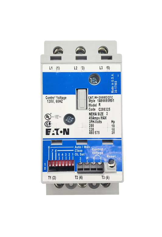 W+200M2CFC W200 Class Type, Magnetic Motor Starter, Nema Size 2, 45 Amps, 3 Poles, Non-Reversing, 120VAC Coil at 60HZ, Full Voltage 600VAC, Overload Protection Standard, Open Style No Enclosure, Across the Line Starting and Stopping, Advantage Series. New Surplus and Certified Reconditioned with 1 Year Warranty.