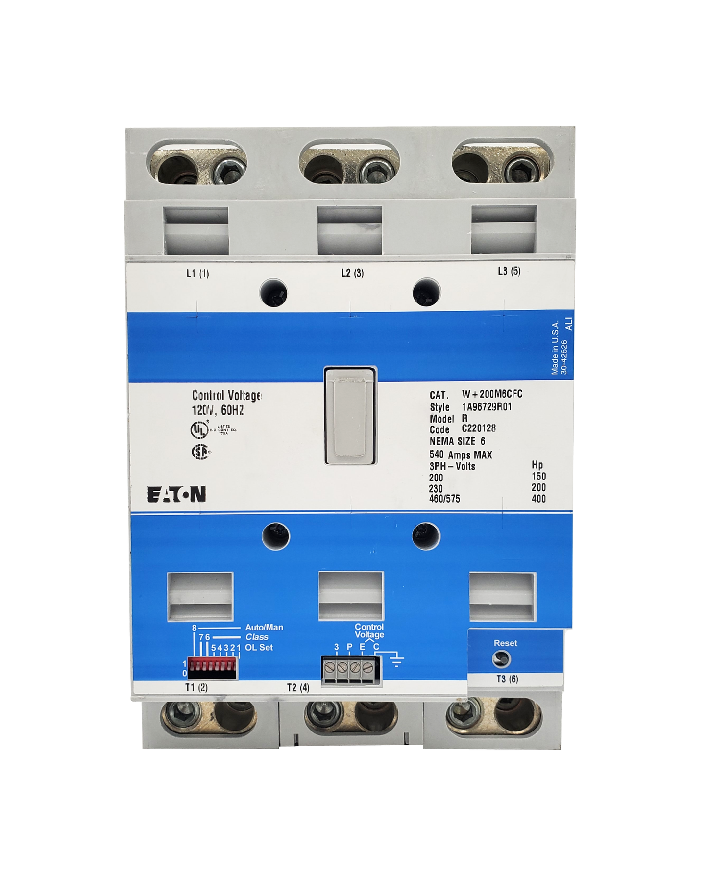 W+200M6CFC W+200 Class Type, Magnetic Motor Starter, Nema Size 6, 540 Amps, 3 Poles, Non-Reversing, 120VAC Coil at 60HZ, Full Voltage 600VAC, Overload Protection Standard, Open Style No Enclosure, Across the Line Starting and Stopping, Advantage Enhanced Series. New Surplus and Certified Reconditioned with 1 Year Warranty.