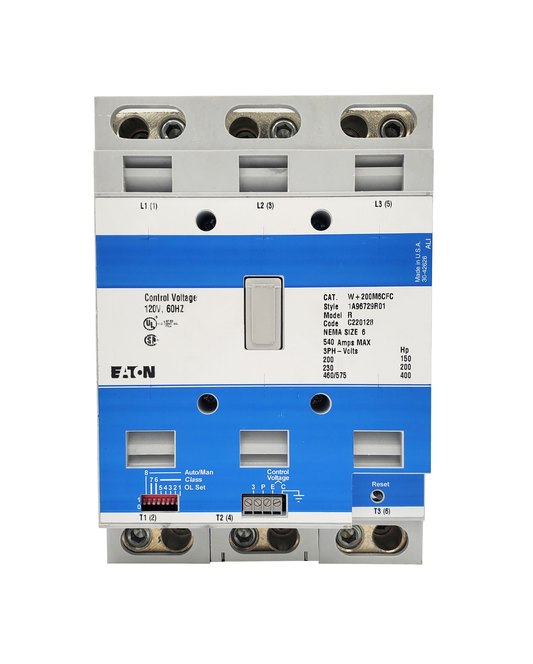 W+200M6CFC W+200 Class Type, Magnetic Motor Starter, Nema Size 6, 540 Amps, 3 Poles, Non-Reversing, 120VAC Coil at 60HZ, Full Voltage 600VAC, Overload Protection Standard, Open Style No Enclosure, Across the Line Starting and Stopping, Advantage Enhanced Series. New Surplus and Certified Reconditioned with 1 Year Warranty.