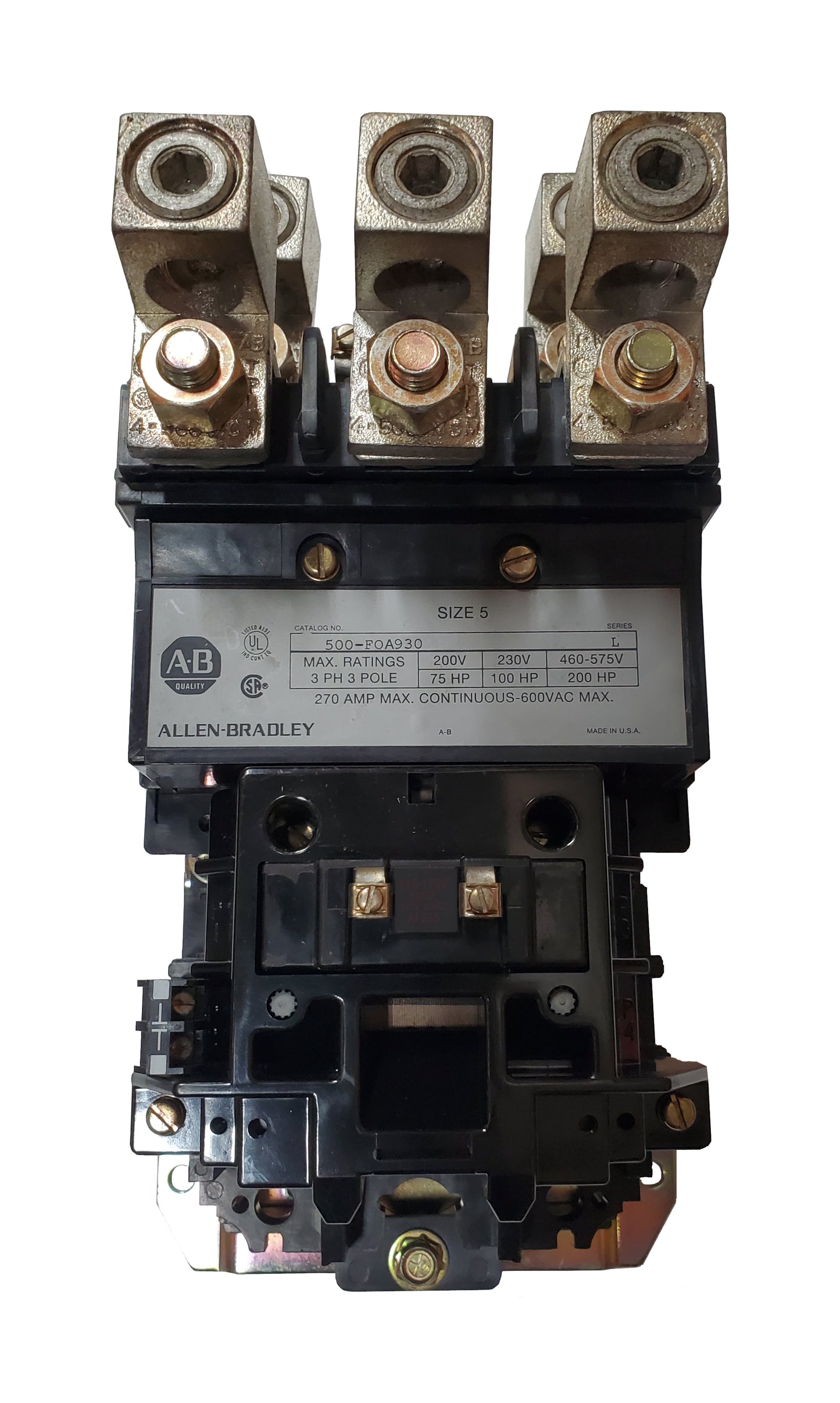 500-FOA930 Magnetic Motor Contactor, NEMA Size 5, 270 Amps, 3 Poles, 220/240V AC Coil, Motor Voltage 575V AC Max, Open Style No Enclosure, Non-Reversing, Max HP Ratings: 75 @ 200VAC, 100 @ 230VAC, 150 @ 415VAC, 200 @ 575VAC, Line and Load End Terminals Standard. New Surplus and Certified Reconditioned with 1 Year Warranty.