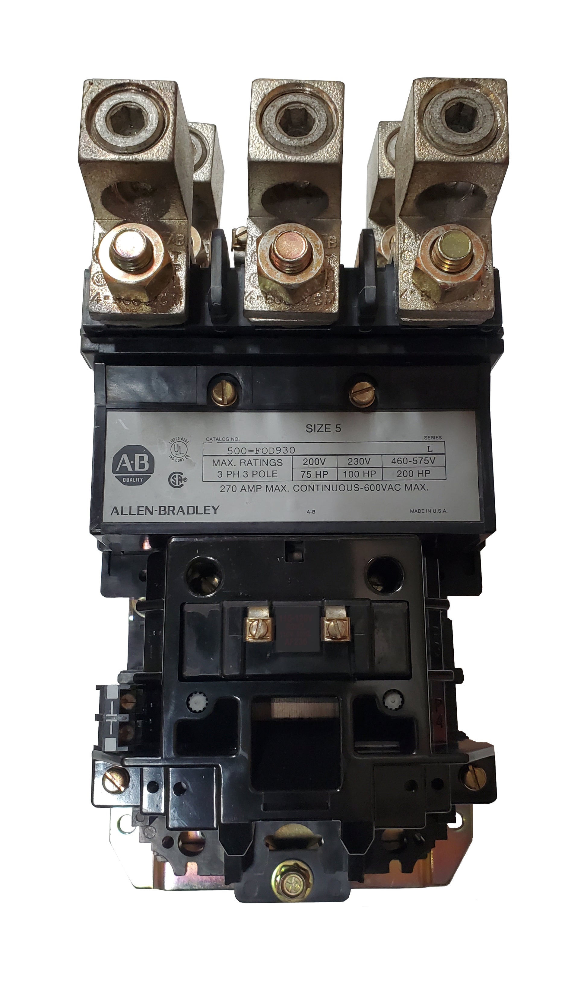 500-FOD930 Magnetic Motor Contactor, NEMA Size 5, 270 Amps, 3 Poles, 110/120V AC Coil, Motor Voltage 575V AC Max, Open Style No Enclosure, Non-Reversing, Max HP Ratings: 75 @ 200VAC, 100 @ 230VAC, 150 @ 415VAC, 200 @ 575VAC, Line and Load End Terminals Standard. New Surplus and Certified Reconditioned with 1 Year Warranty.