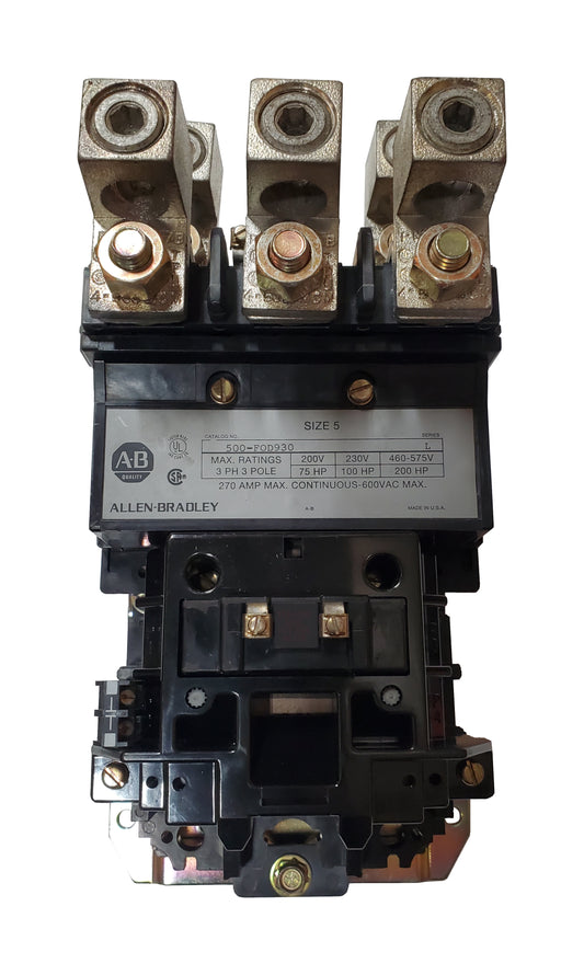 500-FOD930 Magnetic Motor Contactor, NEMA Size 5, 270 Amps, 3 Poles, 110/120V AC Coil, Motor Voltage 575V AC Max, Open Style No Enclosure, Non-Reversing, Max HP Ratings: 75 @ 200VAC, 100 @ 230VAC, 150 @ 415VAC, 200 @ 575VAC, Line and Load End Terminals Standard. New Surplus and Certified Reconditioned with 1 Year Warranty.