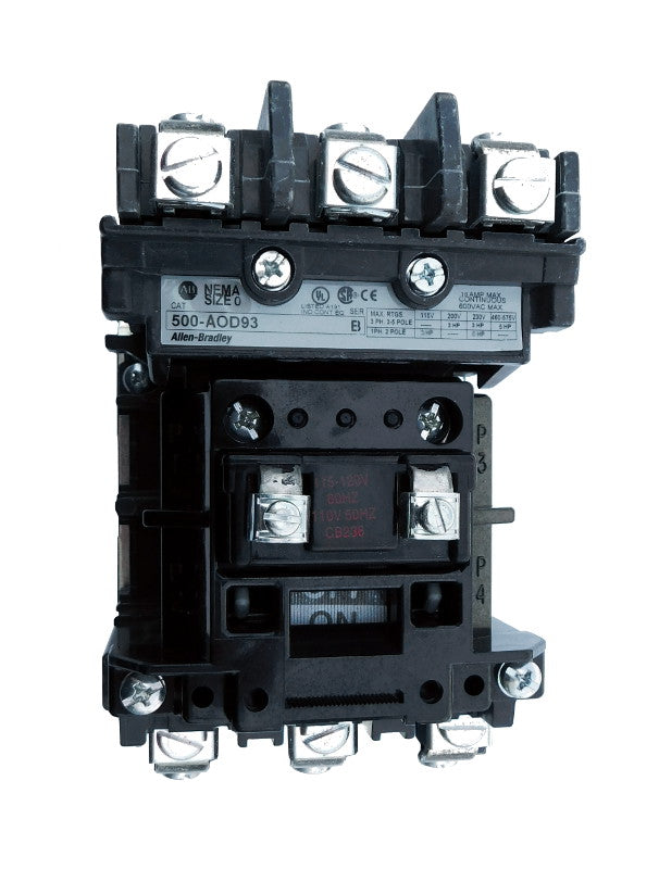 500-AOD930 Magnetic Motor Contactor, NEMA Size 0, 18 Amps, 3 Poles, 110/120V AC Coil, Motor Voltage 575V AC Max, Open Style No Enclosure, Non-Reversing, Max HP Ratings: 3 @ 200VAC, 3 @ 230VAC, 5 @ 415VAC, 5 @ 575VAC, with Normally Open Auxiliary Installed Standard, Line and Load End Terminals Standard. New Surplus and Certified Reconditioned with 1 Year Warranty.