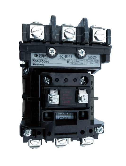 500-AOD930 Magnetic Motor Contactor, NEMA Size 0, 18 Amps, 3 Poles, 110/120V AC Coil, Motor Voltage 575V AC Max, Open Style No Enclosure, Non-Reversing, Max HP Ratings: 3 @ 200VAC, 3 @ 230VAC, 5 @ 415VAC, 5 @ 575VAC, with Normally Open Auxiliary Installed Standard, Line and Load End Terminals Standard. New Surplus and Certified Reconditioned with 1 Year Warranty.