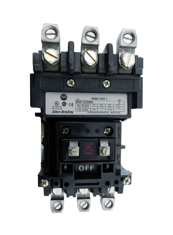 500-COB930 Magnetic Motor Contactor, NEMA Size 2, 45 Amps, 3 Poles, 440/480V AC Coil, Motor Voltage 575V AC Max, Open Style No Enclosure, Non-Reversing, Max HP Ratings: 10 @ 200VAC, 15 @ 230VAC, 25 @ 415VAC, 25 @ 575VAC, with Normally Open Auxiliary Installed Standard, Line and Load End Terminals Standard. New Surplus and Certified Reconditioned with 1 Year Warranty.