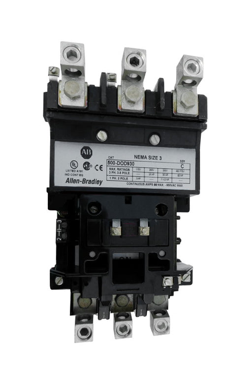 500-DOB930 Magnetic Motor Contactor, NEMA Size 3, 90 Amps, 3 Poles, 440/480V AC Coil, Motor Voltage 575V AC Max, Open Style No Enclosure, Non-Reversing, Max HP Ratings: 25 @ 200VAC, 30 @ 230VAC, 50 @ 415VAC, 50 @ 575VAC, with Normally Open Auxiliary Installed Standard, Line and Load End Terminals Standard. New Surplus and Certified Reconditioned with 1 Year Warranty.