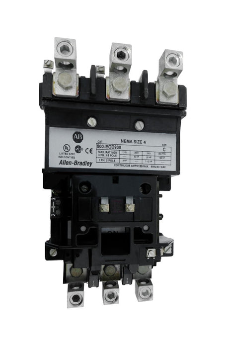 500-EOD930 Magnetic Motor Contactor, NEMA Size 4, 135 Amps, 3 Poles, 110/120V AC Coil, Motor Voltage 575V AC Max, Open Style No Enclosure, Non-Reversing, Max HP Ratings: 40 @ 200VAC, 50 @ 230VAC, 75 @ 415VAC, 100 @ 575VAC, with Normally Open Auxiliary Installed Standard, Line and Load End Terminals Standard. New Surplus and Certified Reconditioned with 1 Year Warranty.