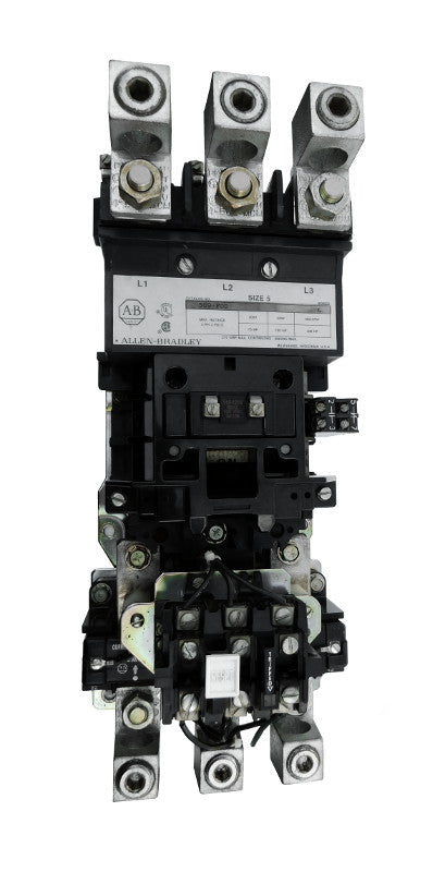 509-FOA Magnetic Motor Starter, NEMA Size 5, 270 Amps, 3 Poles, 220/240V AC Coil, Motor Voltage 575V AC Max, Open Style No Enclosure, Non-Reversing, Max HP Ratings: 75 @ 200VAC, 100 @ 230VAC, 150 @ 415VAC, 200 @ 575VAC, Line and Load End Terminals Standard. New Surplus and Certified Reconditioned with 1 Year Warranty.