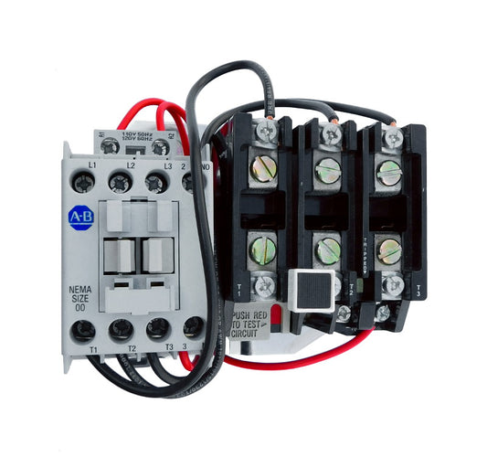 509-TOD Magnetic Motor Starter, NEMA Size 00, 9 Amps, 3 Poles, 110/120V AC Coil, Motor Voltage 575V AC Max, Open Style No Enclosure, Non-Reversing, Max HP Ratings: 1 1/2 @ 200VAC, 1 1/2 @ 230VAC, 2 @ 415VAC, 2 @ 575VAC, Line and Load End Terminals Standard. New Surplus and Certified Reconditioned with 1 Year Warranty.