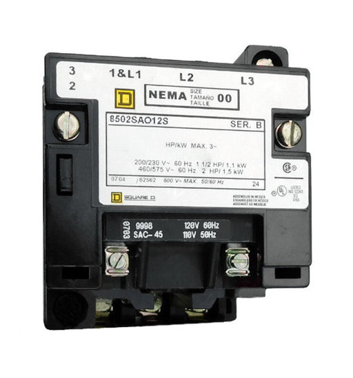 8502-SAO12-V06S Magnetic Motor Contactor, Nema Size 00, 9 Amps, 3 Poles, 480VAC Coil, Full Voltage 600VAC, Open Style No Enclosure, Across the Line Starting and Stopping, Single Speed, Non-Reversing, Max HP Ratings (3 Phase): 1 1/2 @ 200VAC, 1 1/2 @ 230VAC, 2 @ 460VAC, 2 @ 575VAC. New Surplus and Certified Reconditioned with 1 Year Warranty.