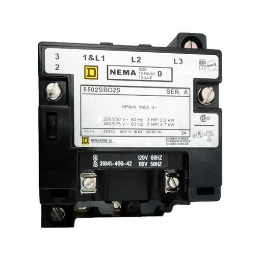 8502-SBO2-V03S Magnetic Motor Contactor, Nema Size 0, 18 Amps, 3 Poles, 240VAC Coil, Full Voltage 600VAC, Open Style No Enclosure, Across the Line Starting and Stopping, Single Speed, Non-Reversing, Max HP Ratings (3 Phase): 3 @ 200VAC, 3 @ 230VAC, 5 @ 460VAC, 5 @ 575VAC. New Surplus and Certified Reconditioned with 1 Year Warranty.