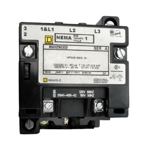 8502-SCO2-V06S Magnetic Motor Contactor, Nema Size 1, 27 Amps, 3 Poles, 480VAC Coil, Full Voltage 600VAC, Open Style No Enclosure, Across the Line Starting and Stopping, Single Speed, Non-Reversing, Max HP Ratings (3 Phase): 7 1/2 @ 200VAC, 7 1/2 @ 230VAC, 10 @ 460VAC, 10 @ 575VAC. New Surplus and Certified Reconditioned with 1 Year Warranty.