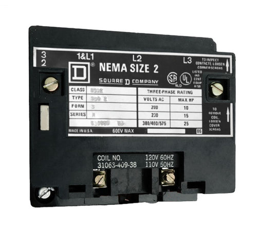 8502-SDO2-V03S Magnetic Motor Contactor, Nema Size 2, 45 Amps, 3 Poles, 240VAC Coil, Full Voltage 600VAC, Open Style No Enclosure, Across the Line Starting and Stopping, Single Speed, Non-Reversing, Max HP Ratings (3 Phase): 10 @ 200VAC, 15 @ 230VAC, 25 @ 460VAC, 25 @ 575VAC. New Surplus and Certified Reconditioned with 1 Year Warranty.